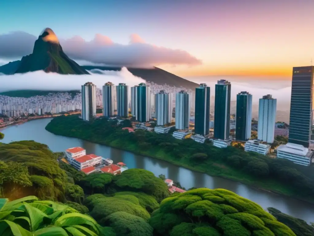 Metrópolis latinoamericana al atardecer: inversión inmobiliaria vibrante Inversión inmobiliaria en América Latina: Ciudad moderna al atardecer con rascacielos y profesionales en una bulliciosa metrópolis latinoamericana