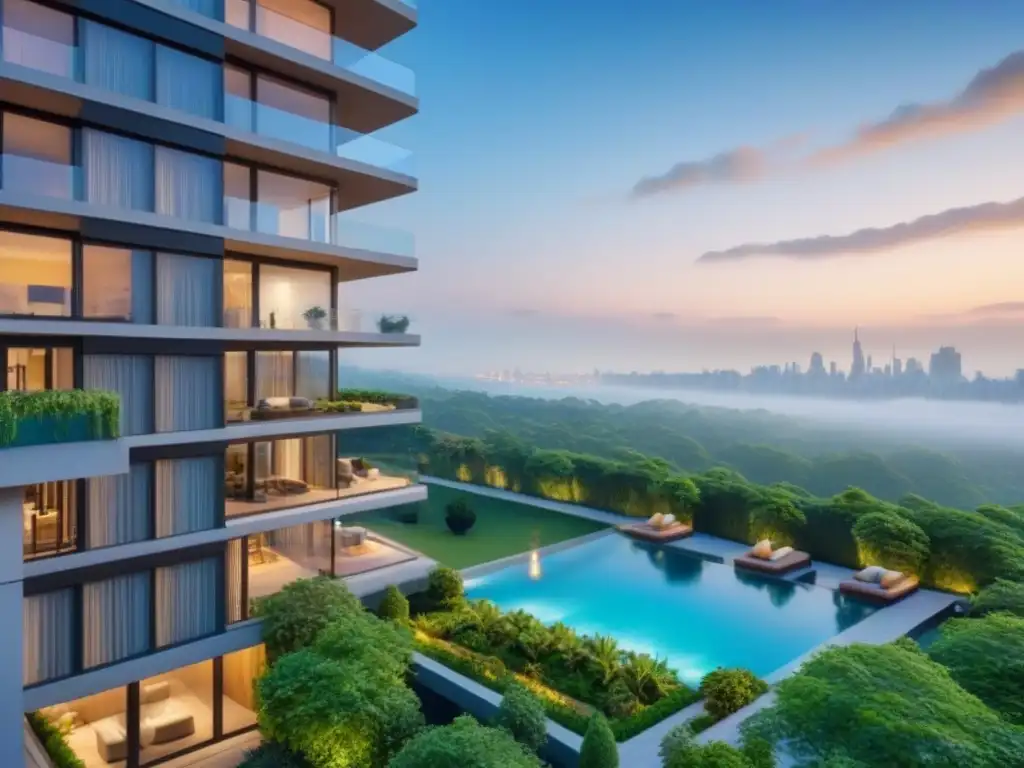 Edificio de lujo con vista panorámica en la ciudad Inversión inmobiliaria post crisis: lujoso edificio moderno con vista urbana y amenidades, rodeado de vegetación exuberante
