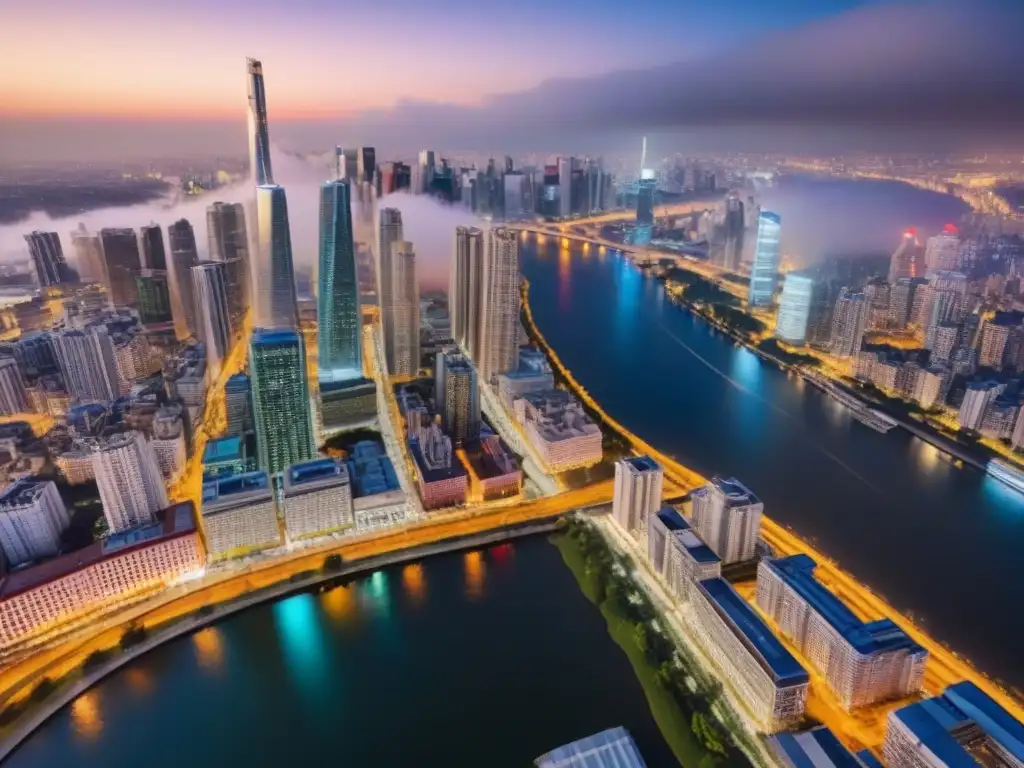 Espectacular ciudad nocturna: luces, arquitectura y progreso El resurgir de la inversión inmobiliaria post crisis: una vista aérea nocturna de una ciudad vibrante con rascacielos iluminados y reflejos en el río