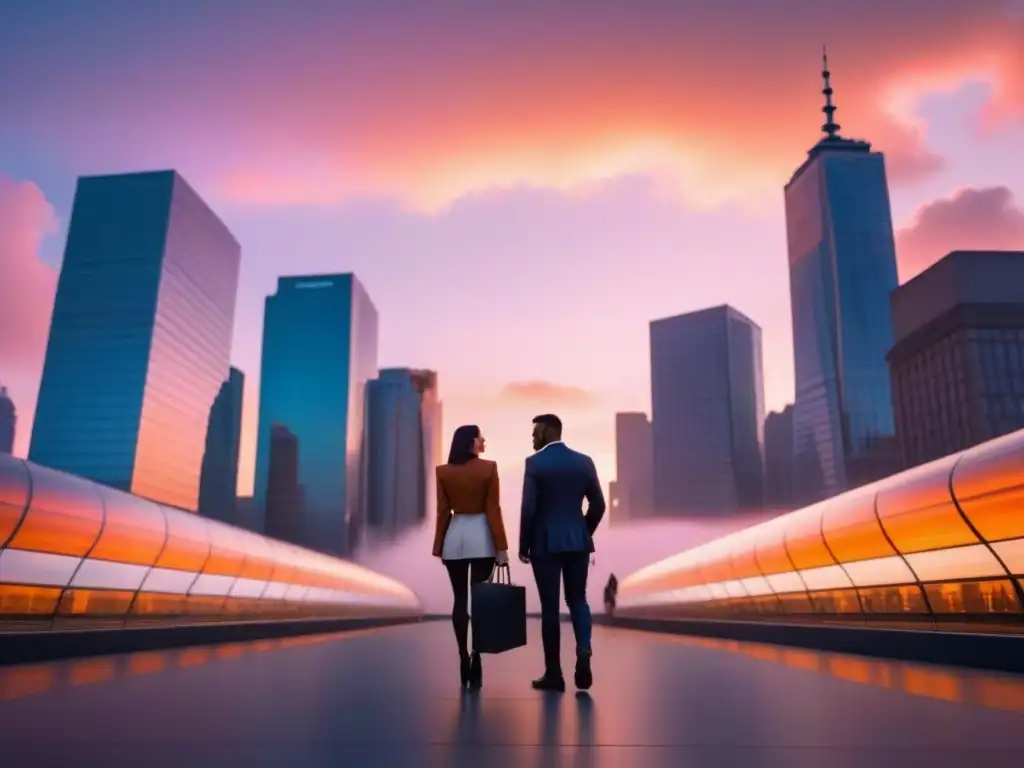 Horizonte urbano al amanecer: oportunidad y modernidad en inversión inmobiliaria Inversión inmobiliaria post crisis: Ciudad moderna al amanecer con rascacielos y profesionales en distrito financiero