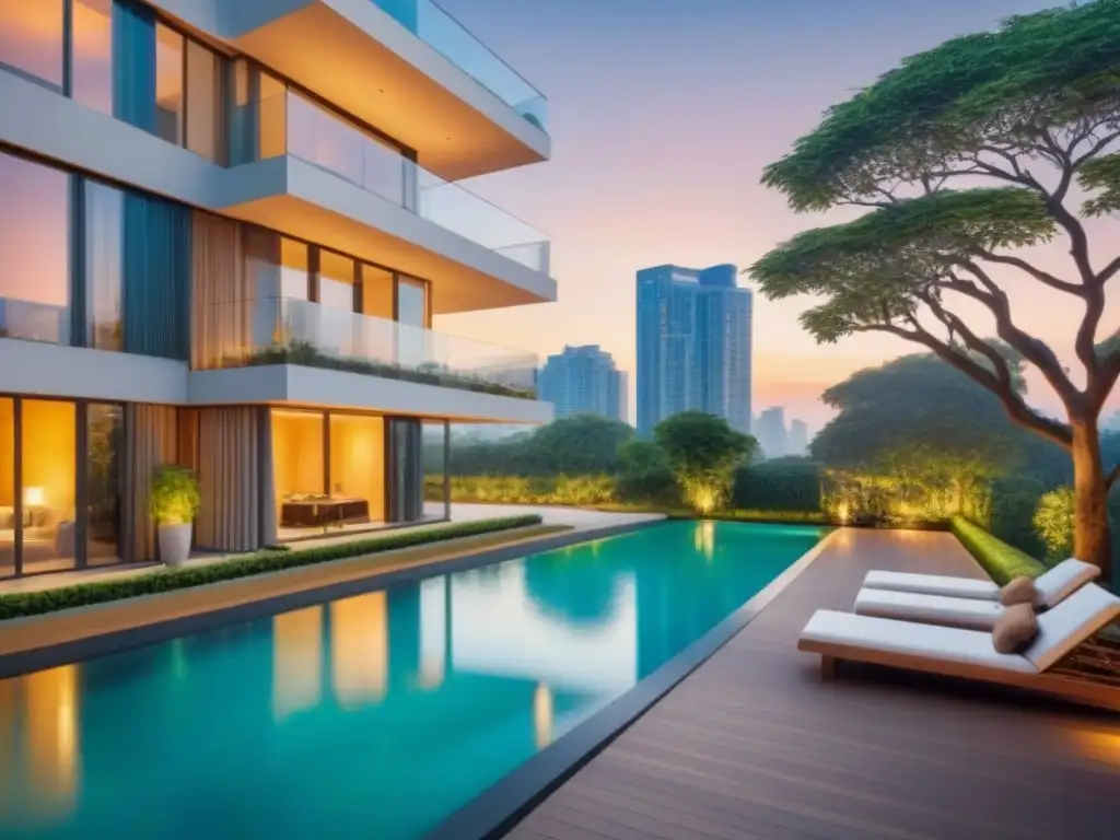 Edificio residencial de lujo con ventanales, atardecer y piscina Inversión inmobiliaria segura en un edificio residencial de lujo con vistas a la ciudad al atardecer, rodeado de vegetación