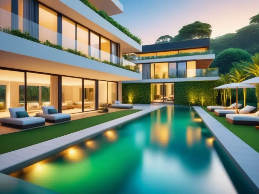 Residencial de lujo: arquitectura moderna con vistas naturales y piscina reluciente Inversión inmobiliaria a través de tokenización: complejo de lujo con arquitectura moderna, rodeado de vegetación y piscina brillante al atardecer