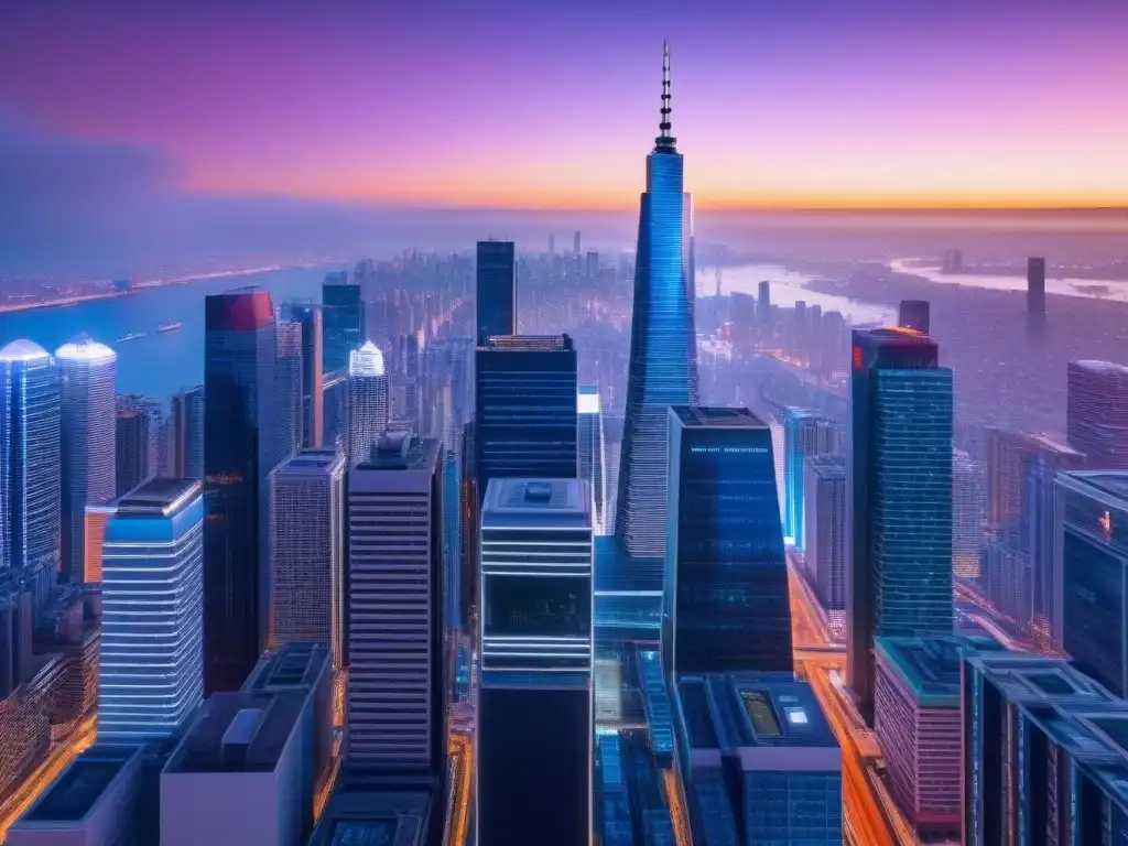 Metrópolis futurista: tokenización inmobiliaria en 8k Inversión inmobiliaria a través de tokenización: Vista futurista de la ciudad al atardecer con rascacielos iluminados por luces de neón