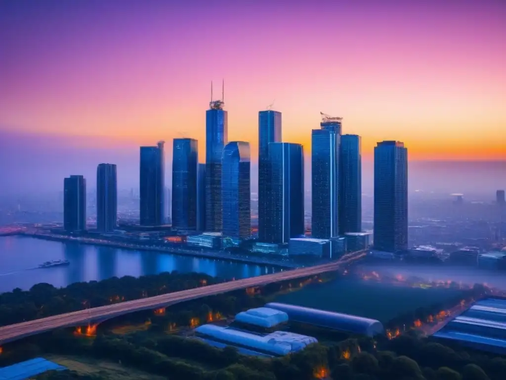 Skyline urbano moderno al anochecer: luces vibrantes de rascacielos Inversión inmobiliaria a través de tokenización: Impactante skyline urbano moderno iluminado al anochecer, lleno de luces vibrantes y coloridas