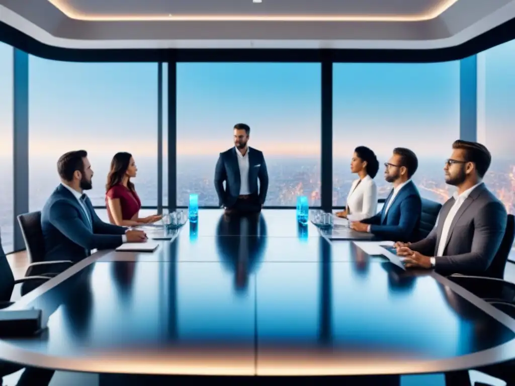 Inversionistas diversificados debaten sobre activos inmobiliarios tokenizados en sala de reuniones futurista Inversión inmobiliaria a través de tokenización: Reunión de inversionistas en mesa futurista con datos en pantalla y vista urbana