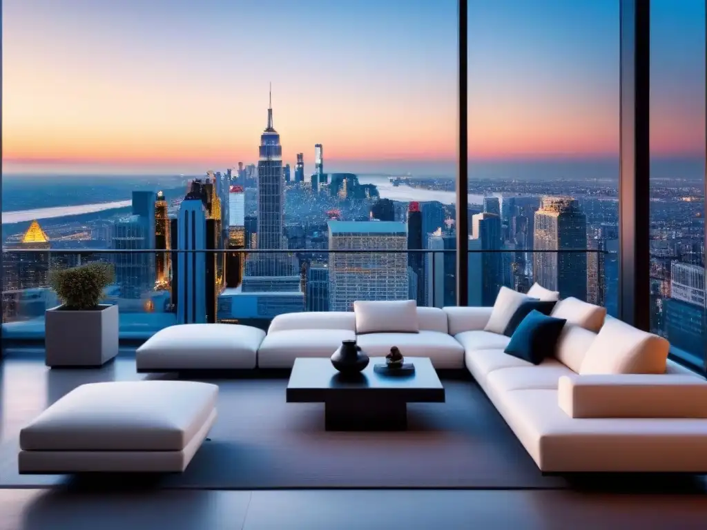 Penthouse de lujo con vista panorámica al atardecer Inversión inteligente en propiedades de lujo: lujoso ático moderno con vista a la ciudad al atardecer, diseño elegante y terraza espaciosa