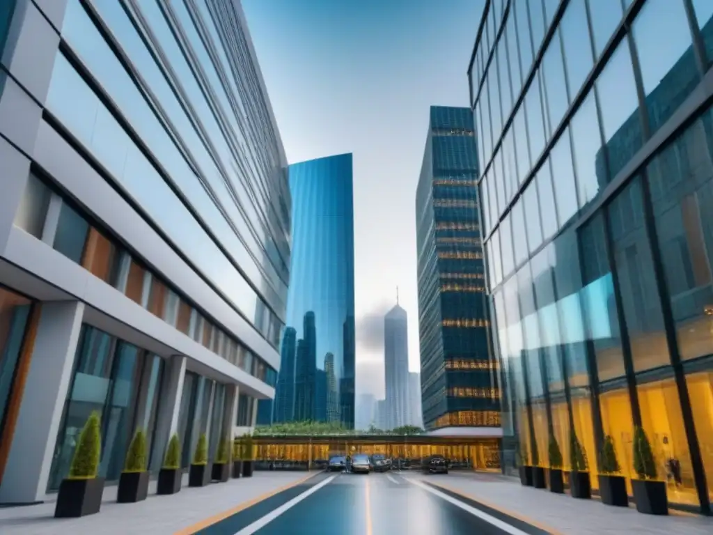 Inversión inmobiliaria: edificio de oficinas moderno en ciudad vibrante Inversión pasiva en REITs comerciales: Edificio de oficinas moderno con cristaleras y ciudad vibrante reflejada