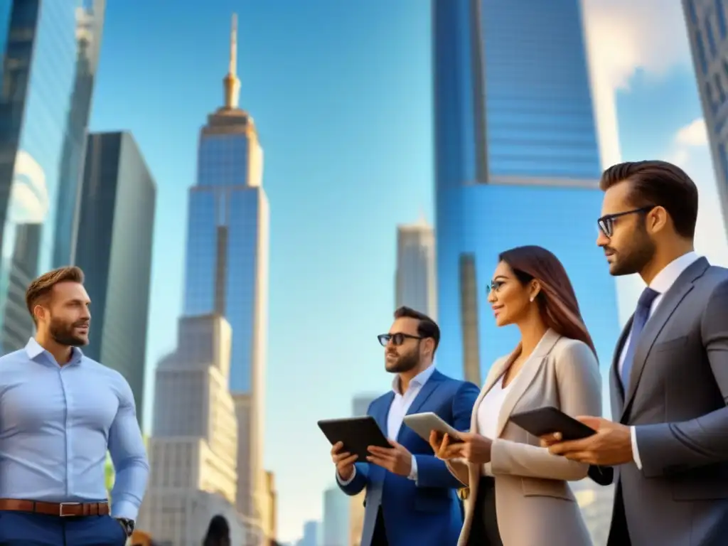 Vibrante escena urbana: inversión en bienes raíces comerciales Inversión pasiva en REITs comerciales: Vibrante calle urbana con rascacielos y profesionales discutiendo y analizando gráficos financieros