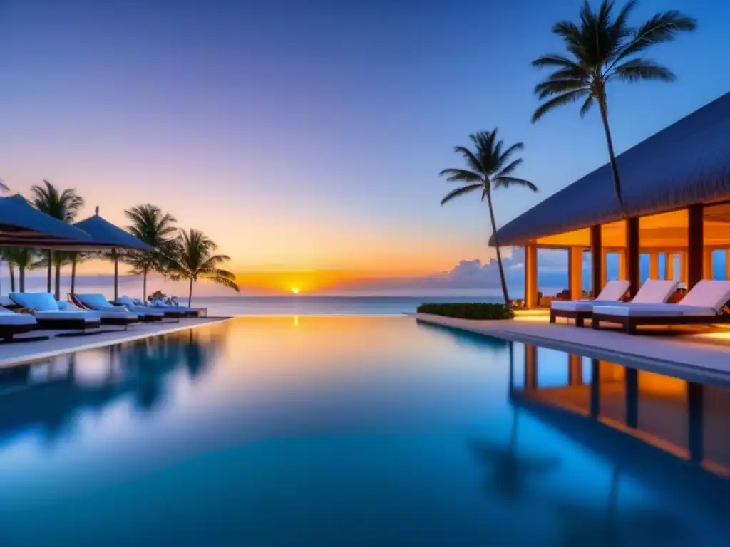 Paraíso de lujo: Resort frente al mar al atardecer Inversión en resorts de lujo financiamiento: Atardecer en resort de lujo frente a la playa con piscina infinita y palmeras al viento