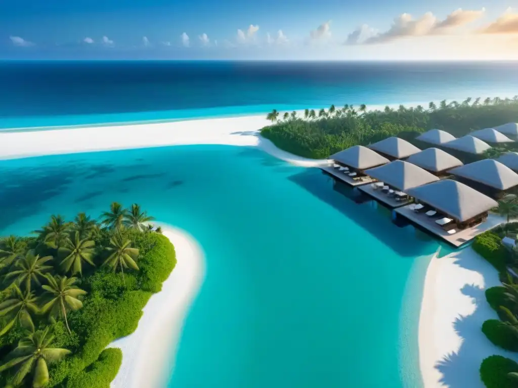 Paraísos de lujo: resort exclusivo frente al mar Inversión en resorts de lujo: vista aérea de un exclusivo complejo playero al atardecer, con arquitectura moderna y piscinas infinitas