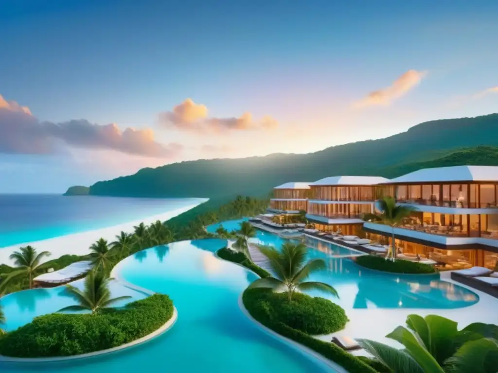 Resort futurista de lujo en paraíso tropical Una inversión en resorts turísticos: complejo futurista entre montañas verdes, mar turquesa, piscinas infinitas y arquitectura vanguardista