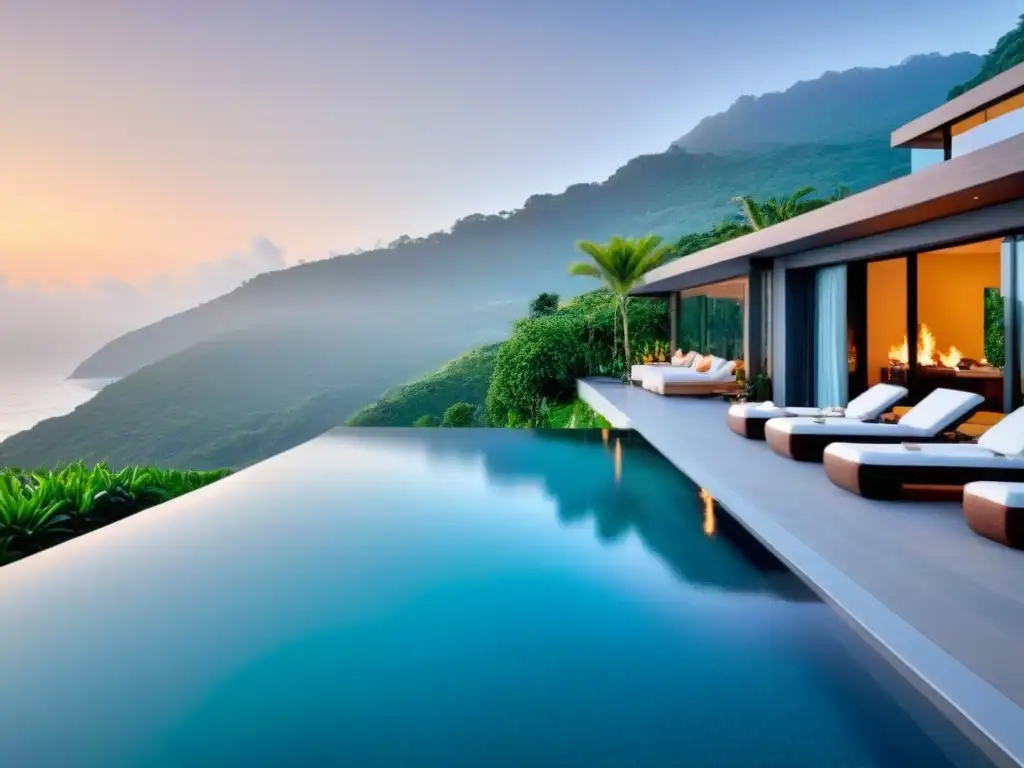 Resort de lujo en la montaña con piscina infinita al atardecer Inversión en resorts turísticos: Resort de lujo con piscina infinita y vistas al mar al atardecer, rodeado de montañas verdes exuberantes