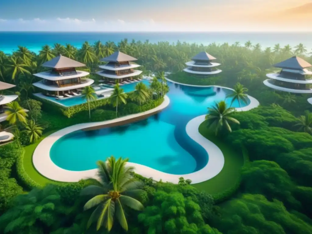 Resort de lujo frente al mar: modernidad y naturaleza en armonía Inversión en resorts turísticos: Resort de lujo frente al mar con piscinas infinity y arquitectura moderna, rodeado de naturaleza y palmeras