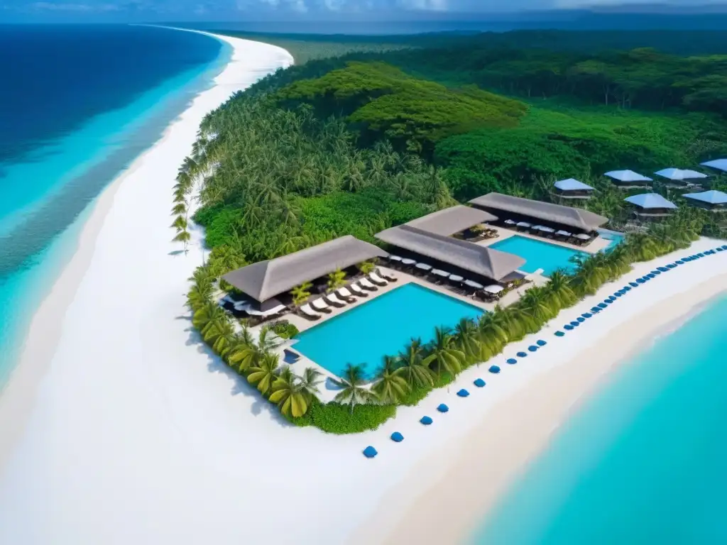 Paraíso tropical: resort de lujo entre palmeras y aguas turquesa Inversión en resorts turísticos: Vista aérea de un lujoso resort en la playa, con diseño arquitectónico moderno y aguas turquesas