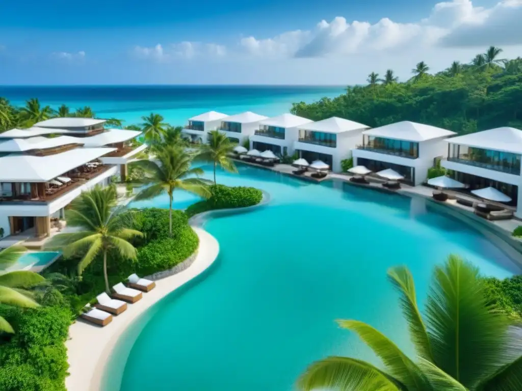 Resort de lujo frente al mar: paraíso turístico exclusivo Inversión en resorts turísticos: Vista aérea de lujoso resort playero con aguas turquesas, palmeras verdes y moderno diseño arquitectónico