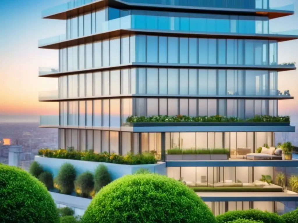 Inversión inmobiliaria exitosa en ciudad moderna Inversión segura en mercado inmobiliario: rascacielos moderno con jardín en la azotea y mobiliario elegante bajo cielo azul claro