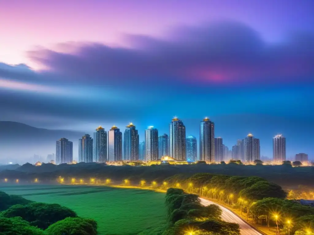 Skyline urbano sostenible: modernidad y eficiencia energética Inversión en viviendas asequibles: Paisaje urbano moderno iluminado con luces LED cálidas y frías al anochecer