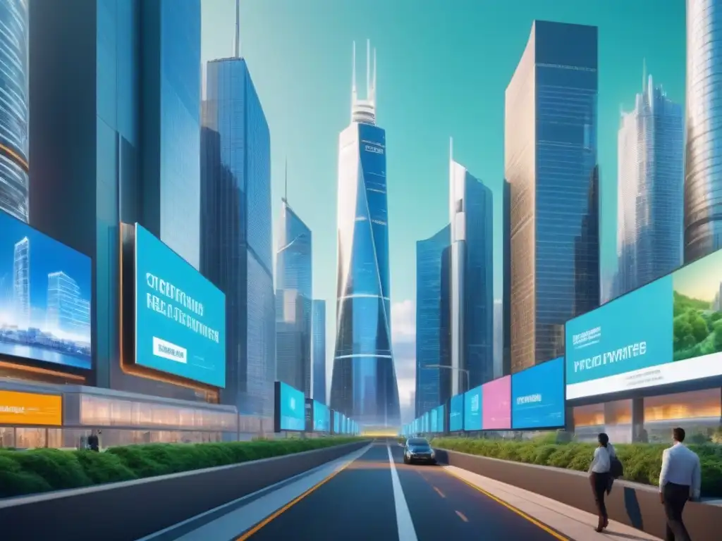Innovación inmobiliaria en metrópolis futurista Inversiones en alquileres: tendencias futuras en una ciudad futurista con rascacielos y profesionales debatiendo