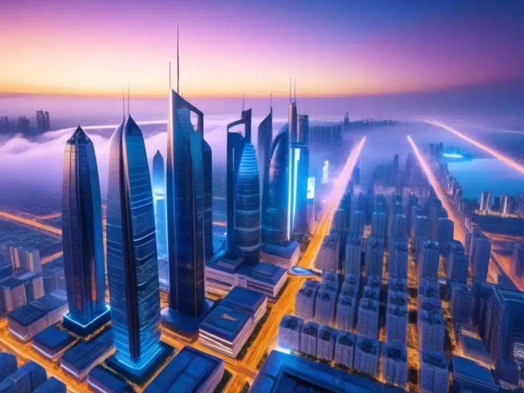 Futurismo urbano: ciudad tecnológica del mañana Inversiones en crowdfunding inmobiliario: Ciudad futurista con rascacielos brillantes y sistemas de transporte avanzados