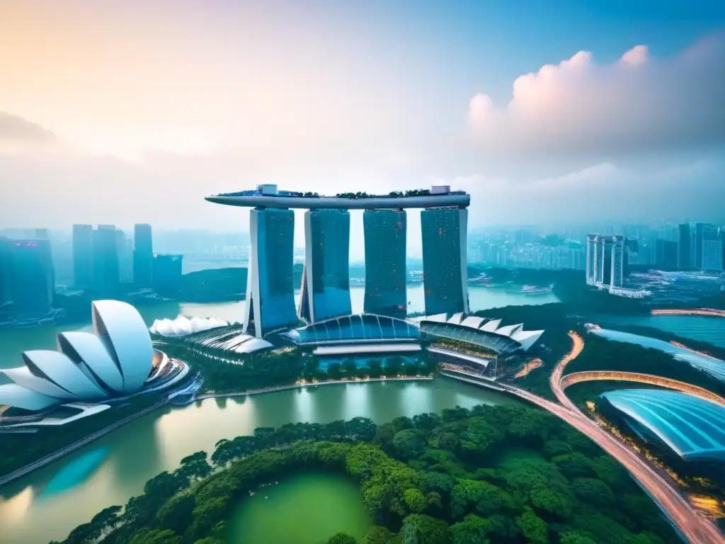 Espléndida vista aérea de Singapur: modernidad y atractivo urbano Inversiones inmobiliarias en Asia: Vista aérea de Singapur con su icónica arquitectura moderna y bullicioso distrito financiero