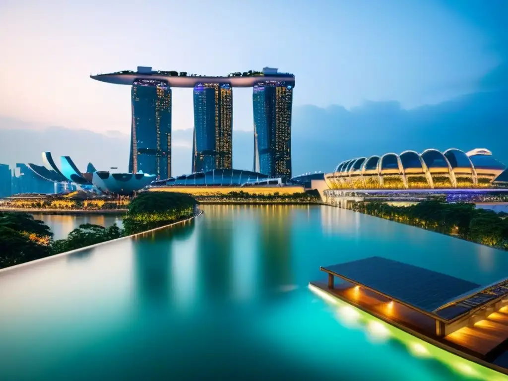 Espléndida vista aérea del skyline de Singapur al atardecer Inversiones inmobiliarias en Asia: Vista aérea del skyline de Singapur al anochecer con Marina Bay Sands y rascacielos iluminados