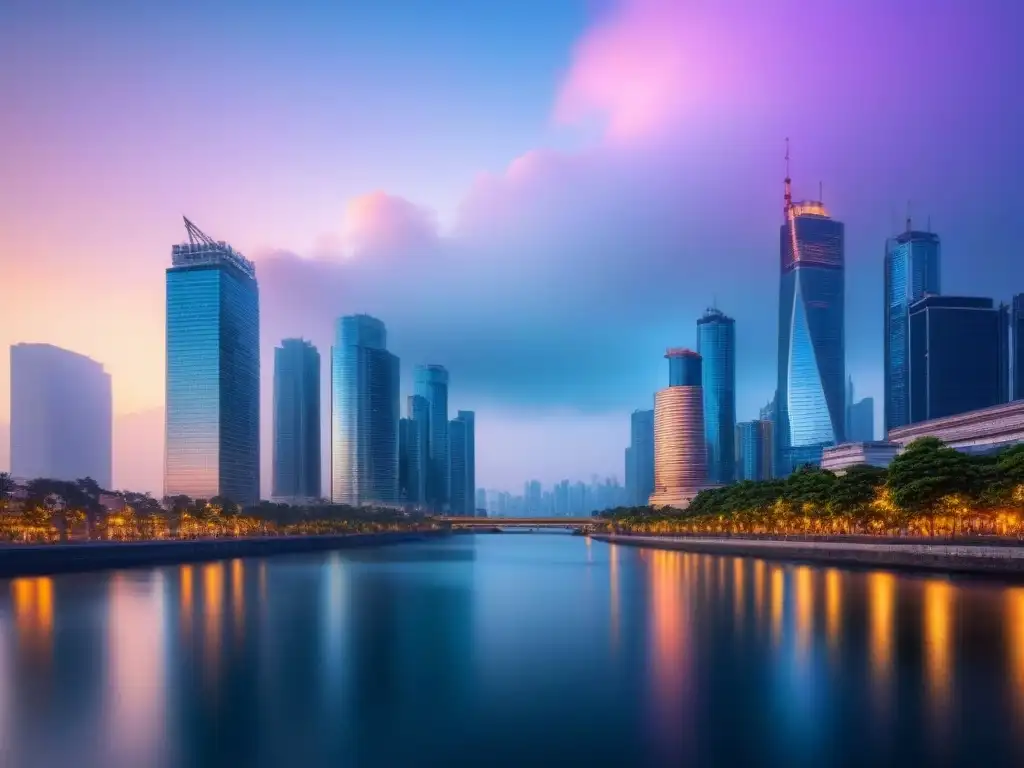 Inversión inmobiliaria transparente: skyline moderno al atardecer Inversiones inmobiliarias con blockchain: Ciudad moderna al atardecer, reflejando innovación y transparencia