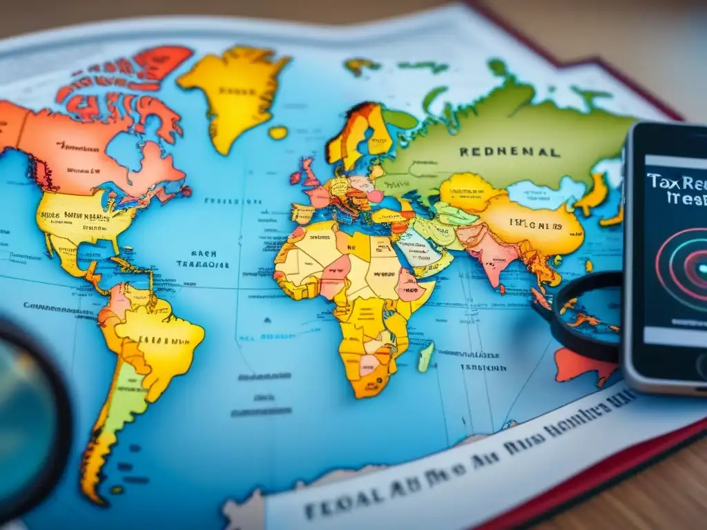 Red de tratados fiscales: inversión inmobiliaria global Inversiones inmobiliarias extranjero implicaciones fiscales en un mapa mundial detallado rodeado de lupas, calculadoras y libros legales