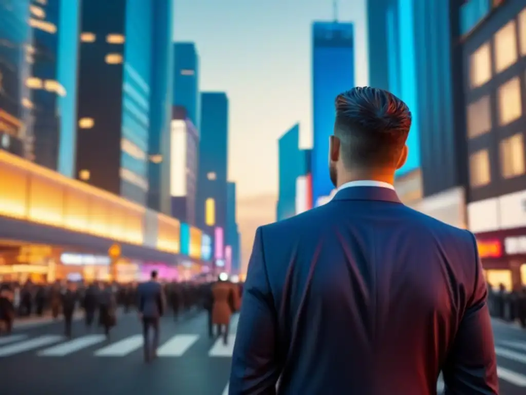 Skyline urbano: luces y negocios en la ciudad moderna Inversiones inmobiliarias a largo plazo: Un vibrante paisaje urbano al anochecer, con rascacielos iluminados y ejecutivos transitando la ciudad