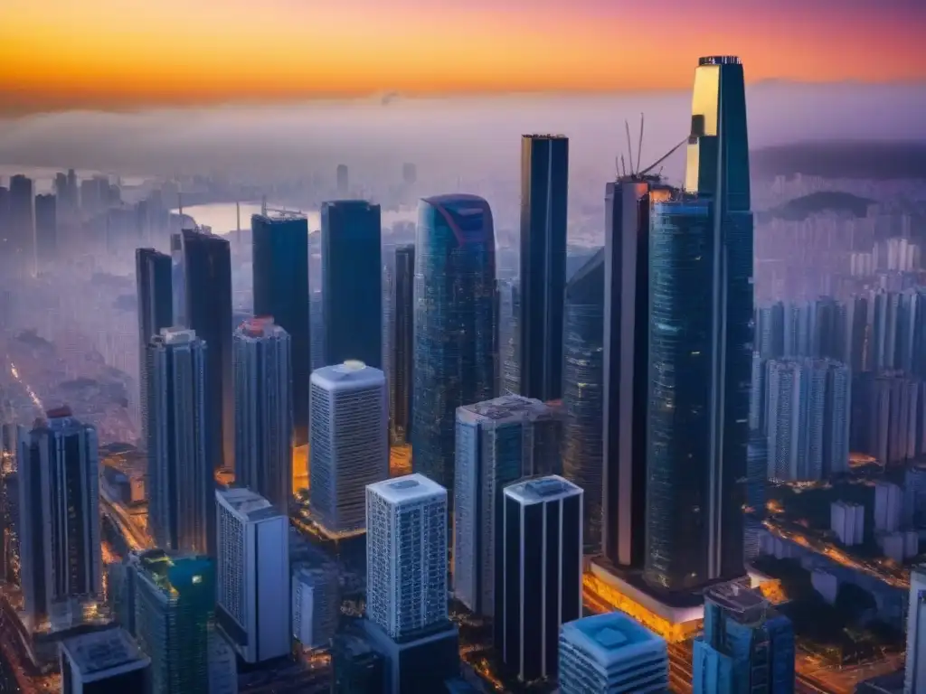 Horizonte urbano de América Latina: inversores exitosos en ciudad próspera Inversiones inmobiliarias América Latina 2023: Atardecer vibrante en una ciudad moderna, inversionistas exitosos se reúnen entre rascacielos
