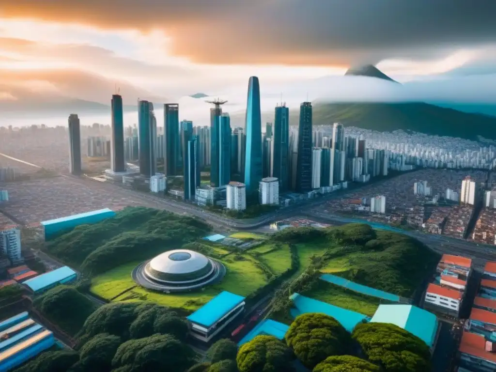 Horizonte futurista: Ciudad vibrante en Latinoamérica Inversiones inmobiliarias América Latina 2023: Una metrópolis futurista vibrante con rascacielos elegantes y espacios verdes