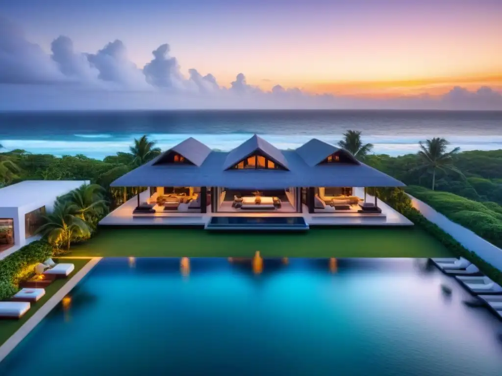 Propiedad de lujo en la playa al atardecer: exclusividad y sofisticación Inversiones inmobiliarias de lujo globales: propiedad de playa lujosa al atardecer con diseño moderno y piscina infinita