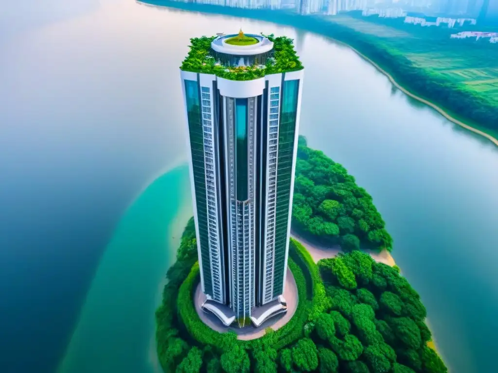 Esplendor arquitectónico: rascacielos de lujo en entorno natural Inversiones inmobiliarias de lujo globales: Imponente rascacielos moderno rodeado de exuberante vegetación y cuerpos de agua relucientes