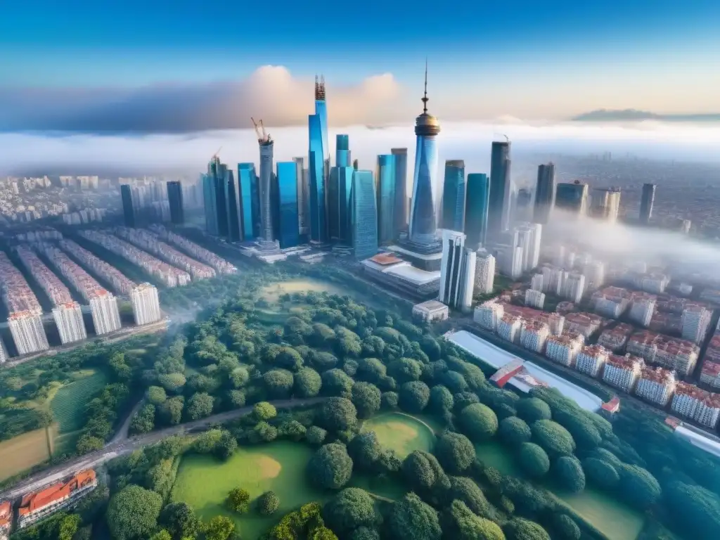 Metrópolis emergente: crecimiento urbano y oportunidades de inversión Inversiones inmobiliarias en mercados emergentes: Vista aérea de una ciudad vibrante en pleno desarrollo, con rascacielos y arquitectura tradicional