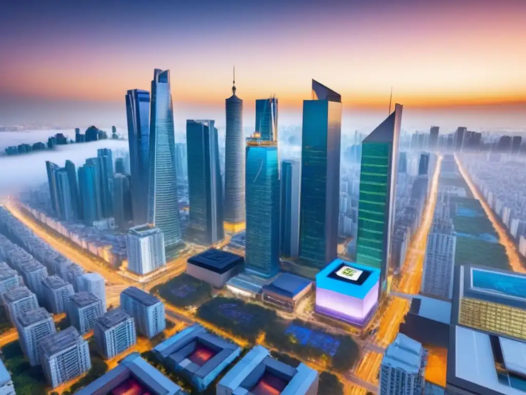 Real estate en mercado emergente: ciudad vibrante y profesionales en acción Inversiones inmobiliarias mercados emergentes: Profesionales debaten y analizan datos financieros en una ciudad emergente al atardecer