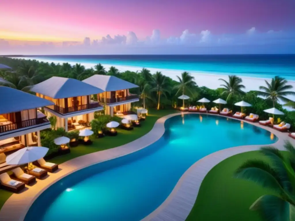 Exclusivo resort de lujo frente a la playa al atardecer Inversiones inmobiliarias en resorts: Atardecer en resort de lujo con playa, piscinas privadas y palmeras