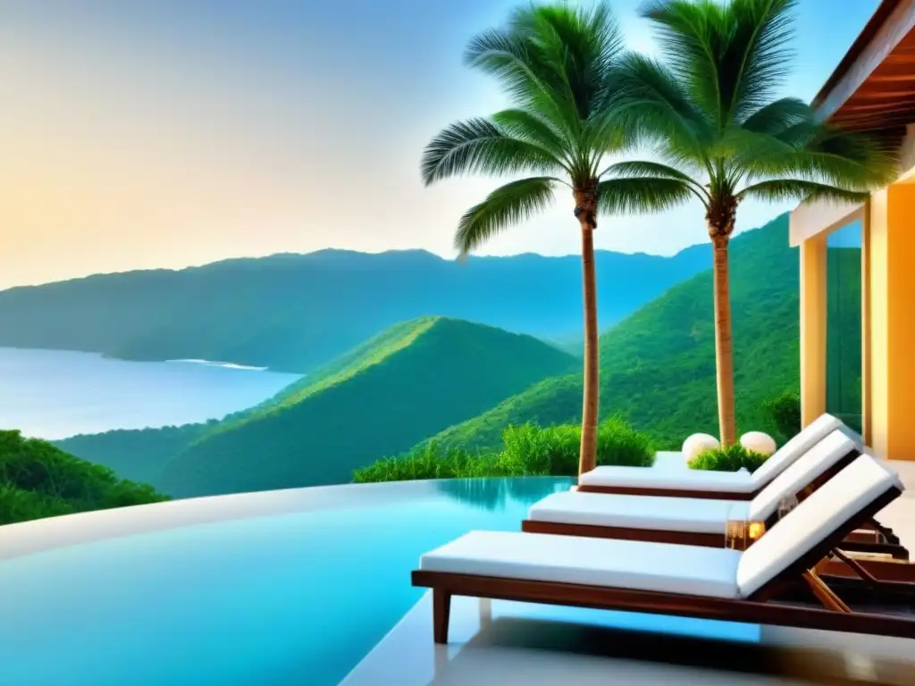 Resort de lujo entre montañas y playa paradisíaca Inversiones inmobiliarias en resorts: Infinity pool cristalina, playa de arena blanca y palmeras bajo un cielo azul brillante