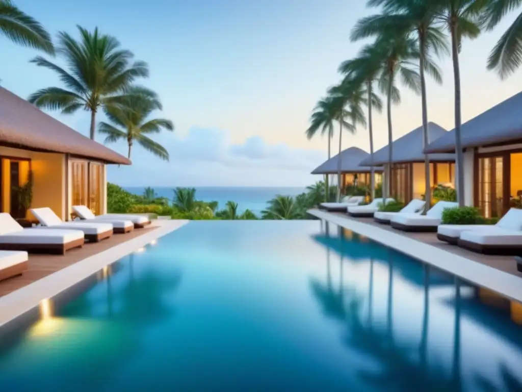 Resort de lujo en paraíso tropical: inversión exclusiva Inversiones inmobiliarias en resorts: lujoso complejo con piscina infinita, palmeras, diseño contemporáneo y vistas al mar