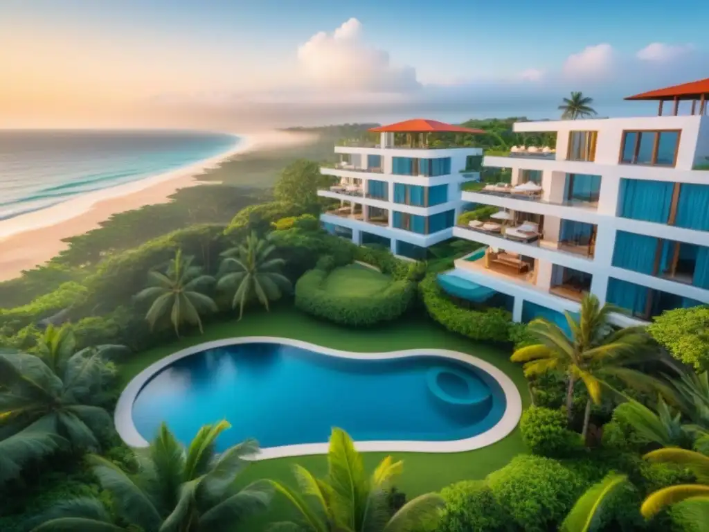 Resort de lujo: arquitectura moderna en un paraíso playero Inversiones inmobiliarias en resorts: Resort de lujo frente al mar con arquitectura moderna, piscinas infinitas y paisaje exuberante al atardecer