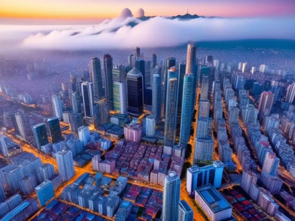 Oportunidades de inversión inmobiliaria en América Latina Inversiones inmobiliarias en Latinoamérica: Vista aérea de una ciudad bulliciosa con rascacielos, calles vibrantes y mercados coloridos