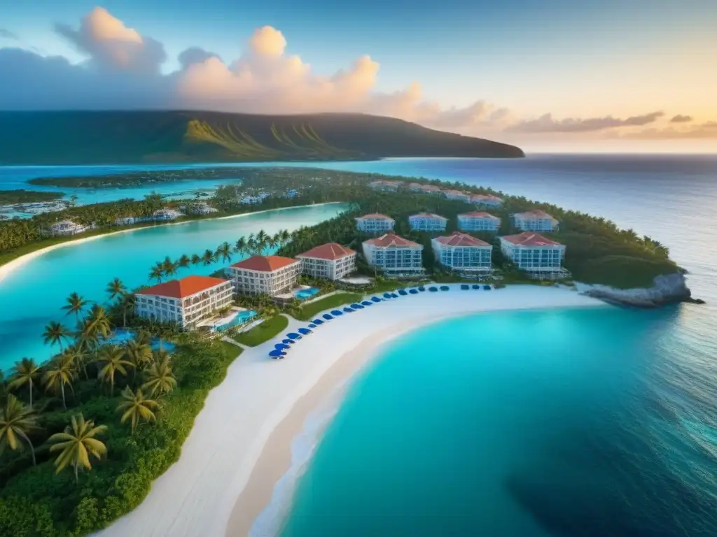 Paraíso tropical: resort de lujo frente al mar al atardecer Inversiones en propiedades vacacionales: Atardecer en resort de lujo frente al mar, aguas turquesas y villas elegantes