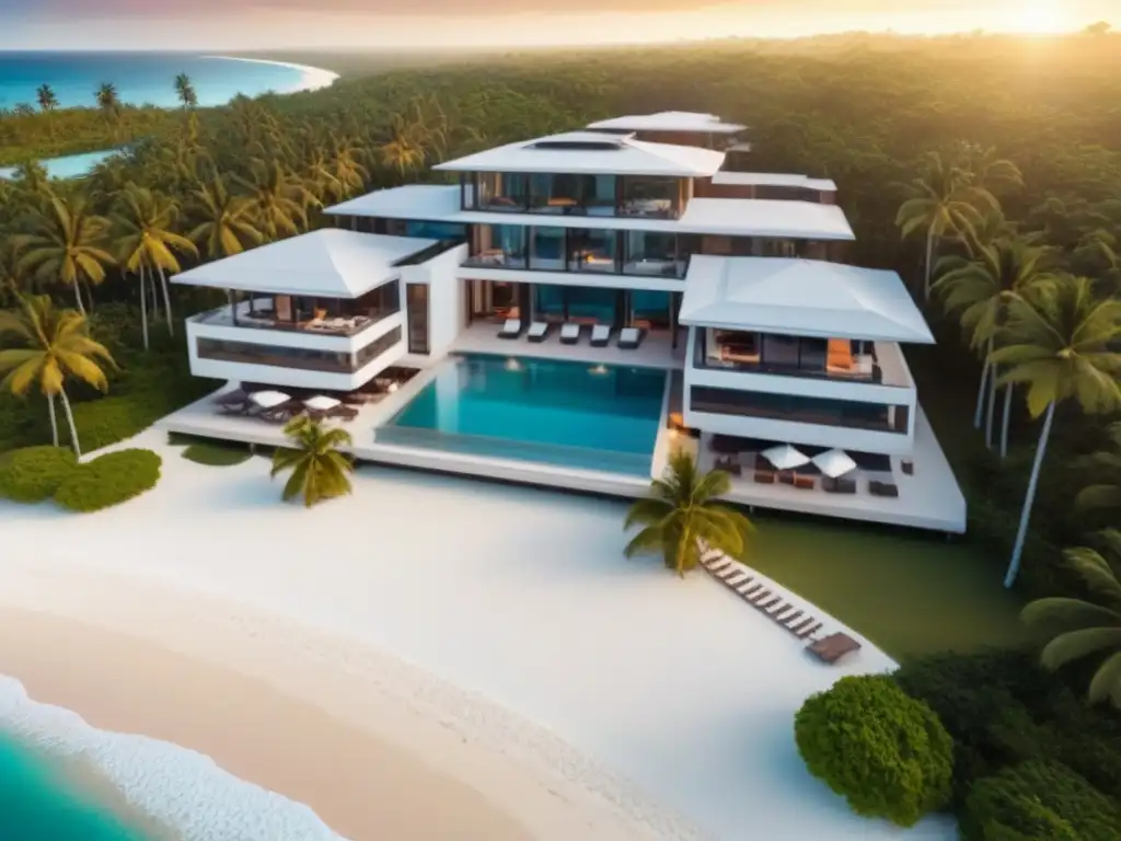 Exclusivo resort de lujo frente a la playa: oasis tropical de ensueño Inversiones en propiedades vacacionales: Resort de lujo en la playa con arquitectura moderna, palmeras y atardecer reflejado en ventanas