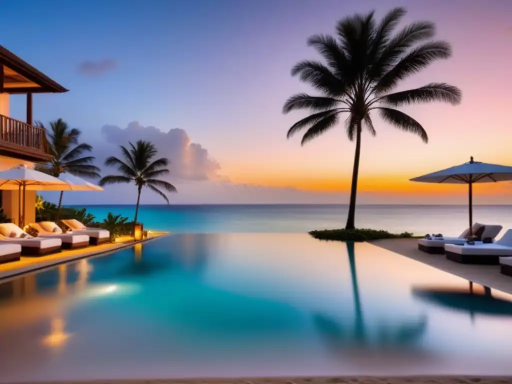 Resort de lujo frente al mar al atardecer: inversión vacacional Inversiones en propiedades vacacionales: Resort de lujo frente al mar al atardecer, con palmeras meciéndose suavemente y una piscina infinita