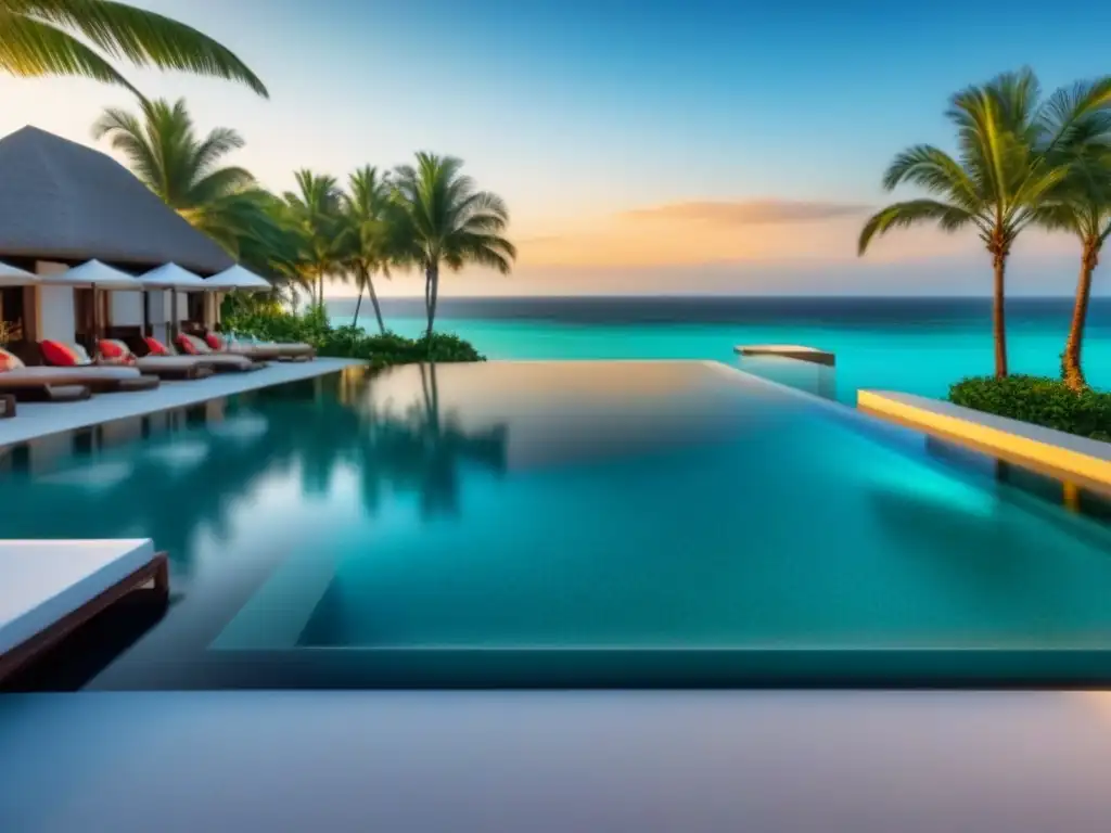 Resort de lujo frente al mar: inversión vacacional exclusiva Inversiones en propiedades vacacionales: Resort de lujo frente a la playa con arquitectura moderna y palmeras en la arena blanca