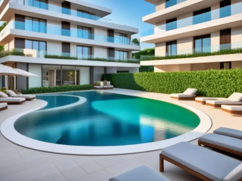 Complejo de apartamentos de lujo en entorno natural, con piscina y diseño moderno al atardecer Inversiones rentables alquileres historias: lujoso complejo de apartamentos modernos con áreas verdes y piscina