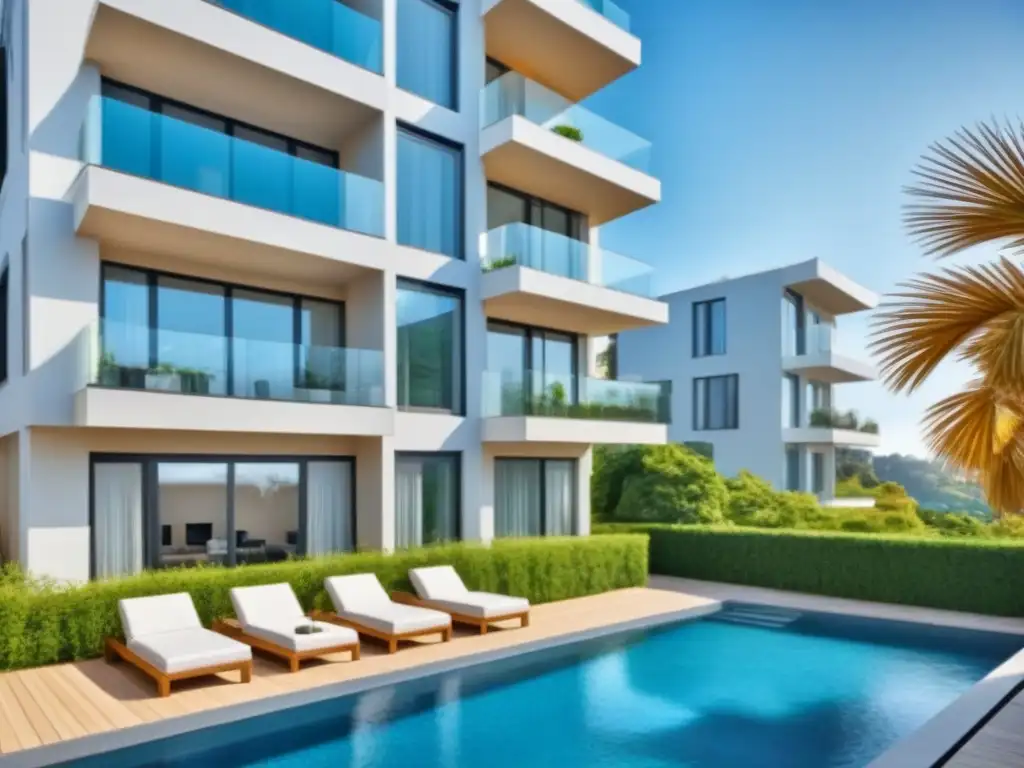 Edificio de lujo rodeado de vegetación exuberante y piscina reluciente Inversiones rentables alquileres historias: Edificio moderno rodeado de vegetación, elegante y lujoso, con piscina y balcones con mobiliario chic