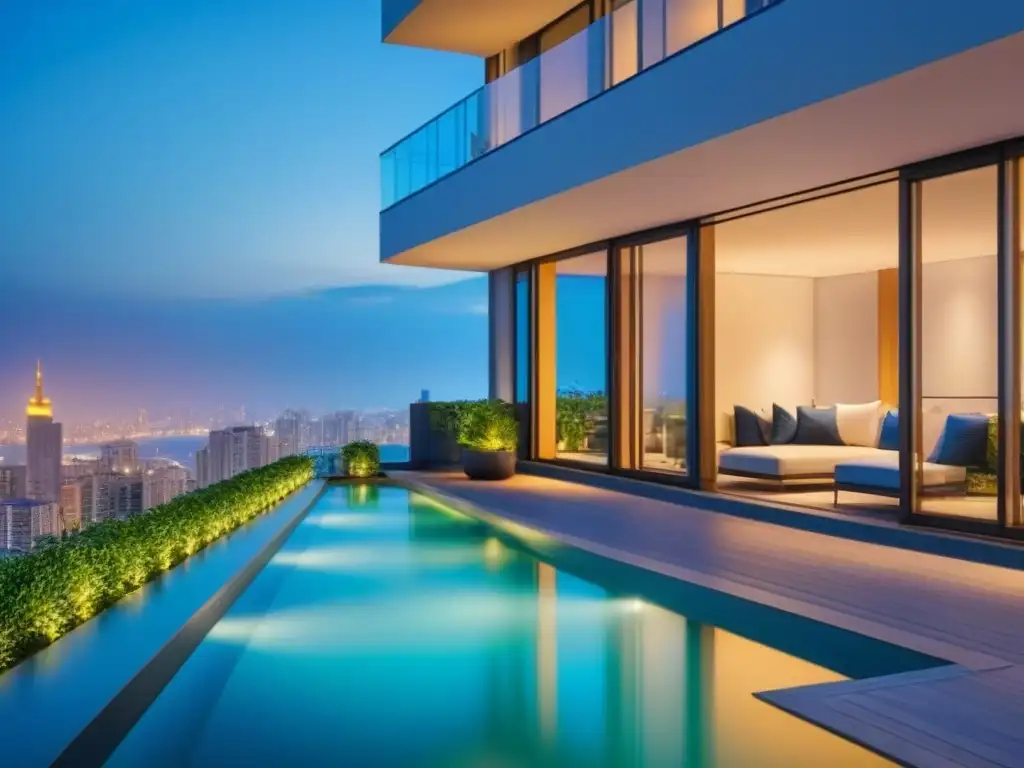Edificio de lujo con piscina en la azotea y vistas a la ciudad al atardecer Inversiones rentables alquileres historias: Edificio de lujo con ventanales de cristal y piscina en la azotea, reflejando la ciudad al anochecer