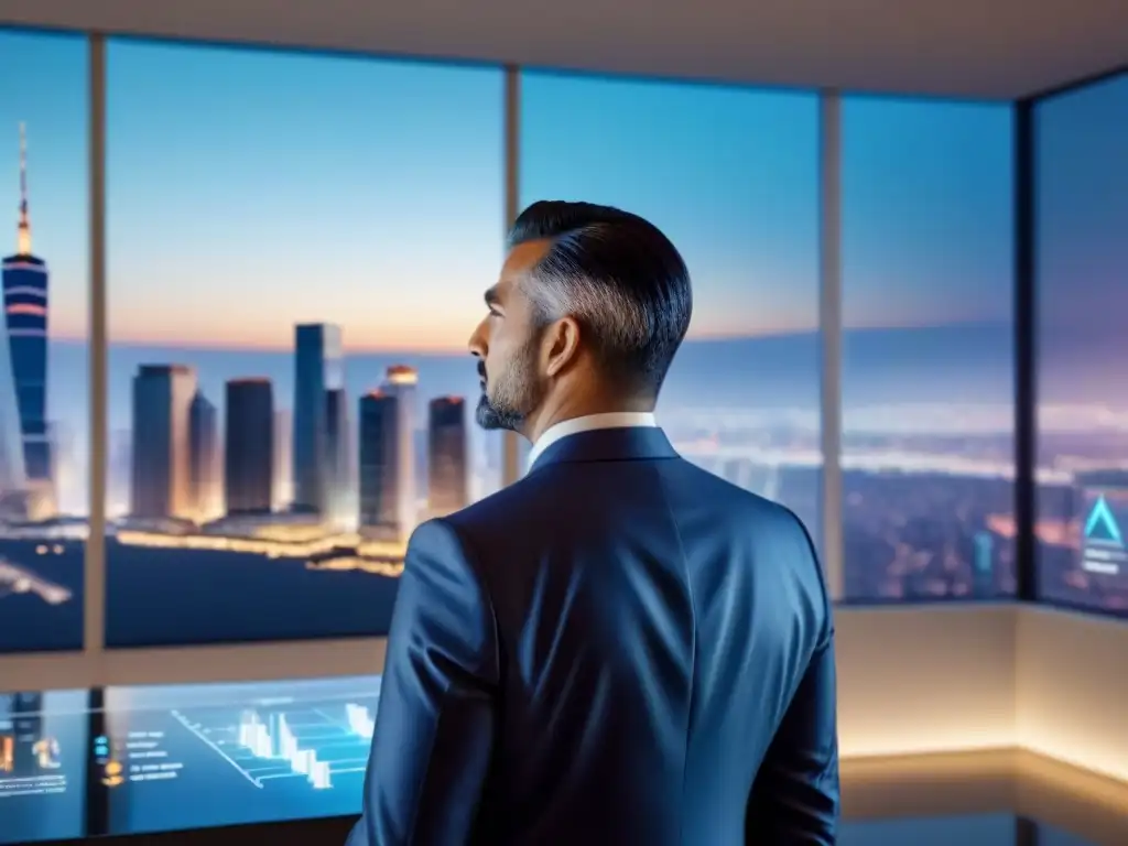 Inversor inmobiliario analiza mercado con pantalla futurista en oficina moderna Inversionista de bienes raíces analizando mercado inmobiliario en pantalla táctil transparente, con vista a la ciudad