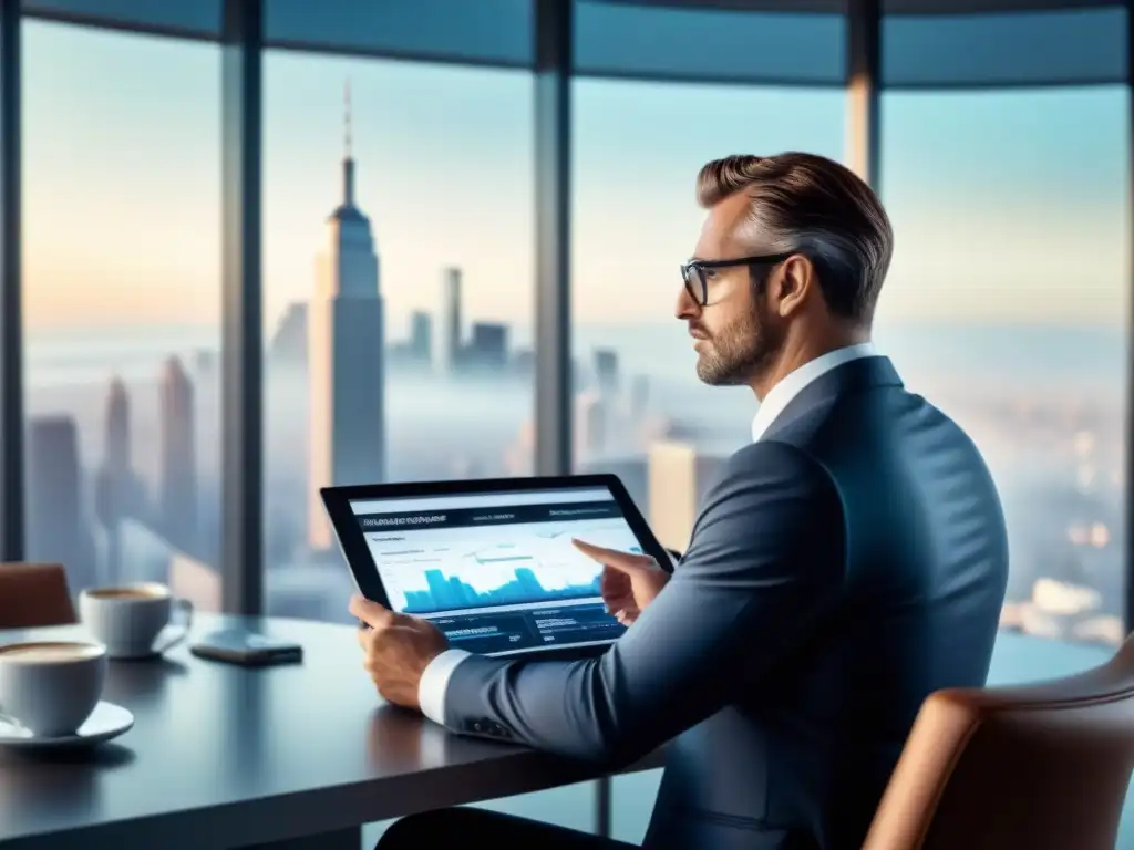 Inversor experto en oficina futurista analizando informes financieros Inversionista experto analizando reportes financieros en una oficina moderna con vista urbana