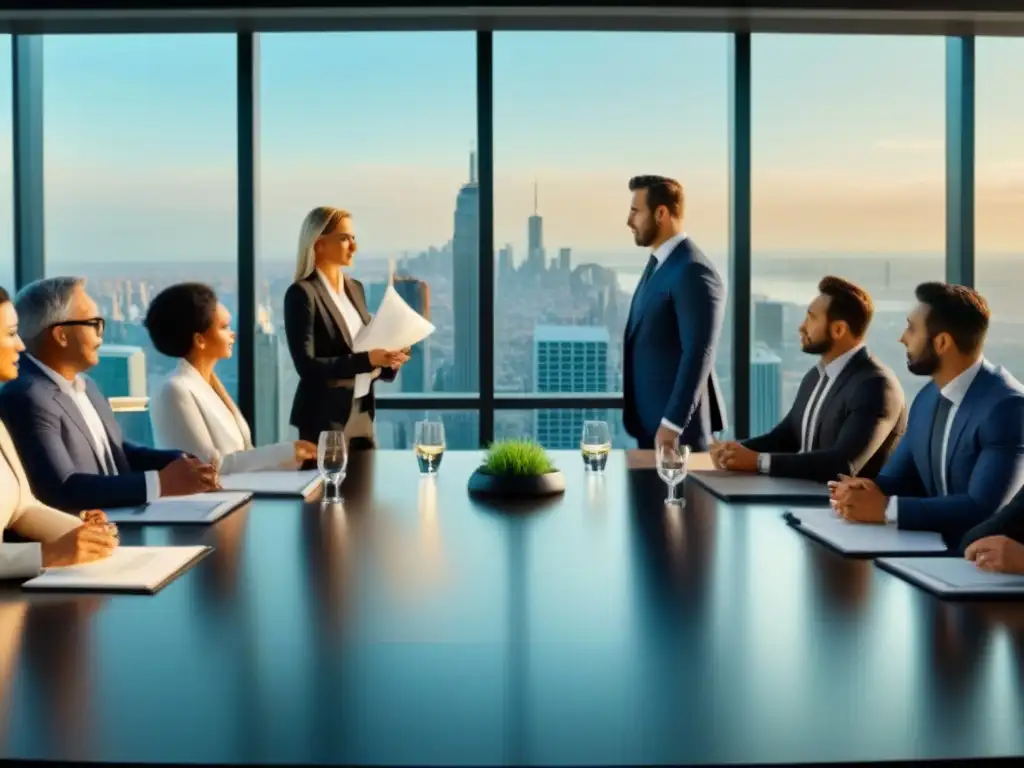 Inversionistas internacionales colaboran en oficina de lujo Inversionistas en bienes raíces extranjeros discuten acuerdos en lujosa oficina con vista a la ciudad
