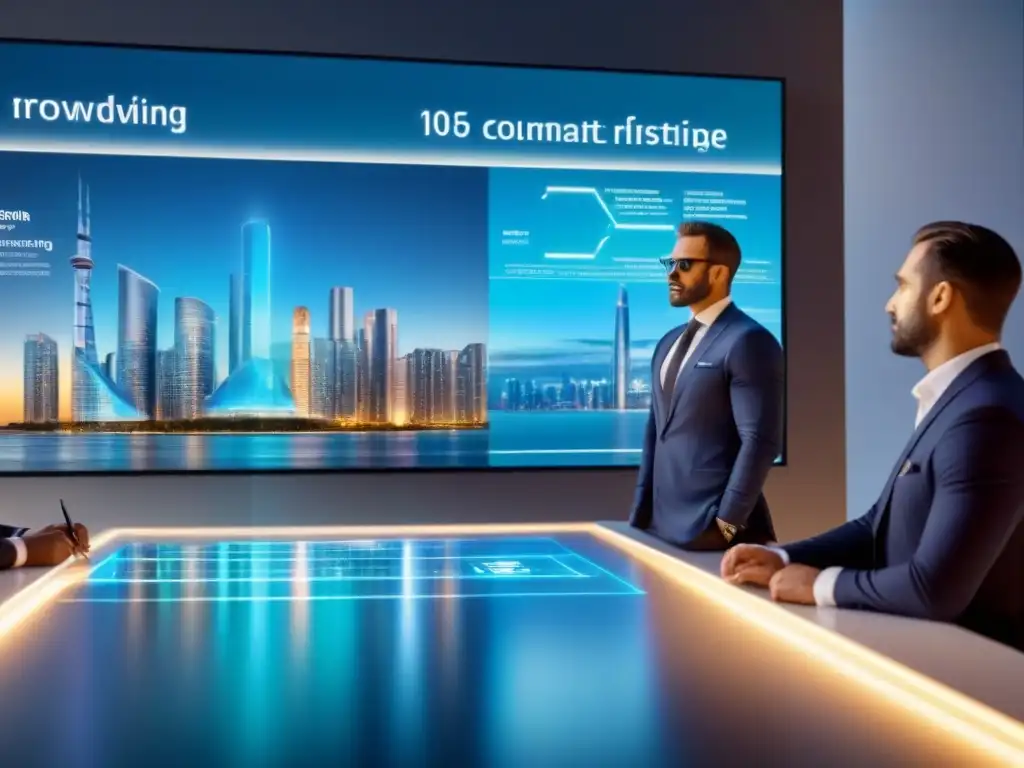 Inversores y profesionales analizan oportunidades inmobiliarias futuristas Inversionistas crowdfunding inmobiliario perfiles en reunión futurista con hologramas